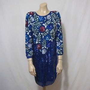 Sweelo Vintage 1980s Sequin Dress Flowers Cocktail